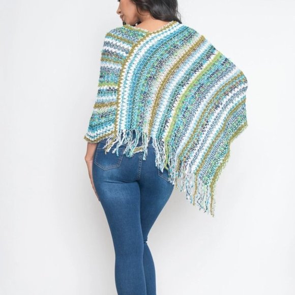 BLUE  MULTI COLOR PONCHO SWEATER - Picture 2 of 3